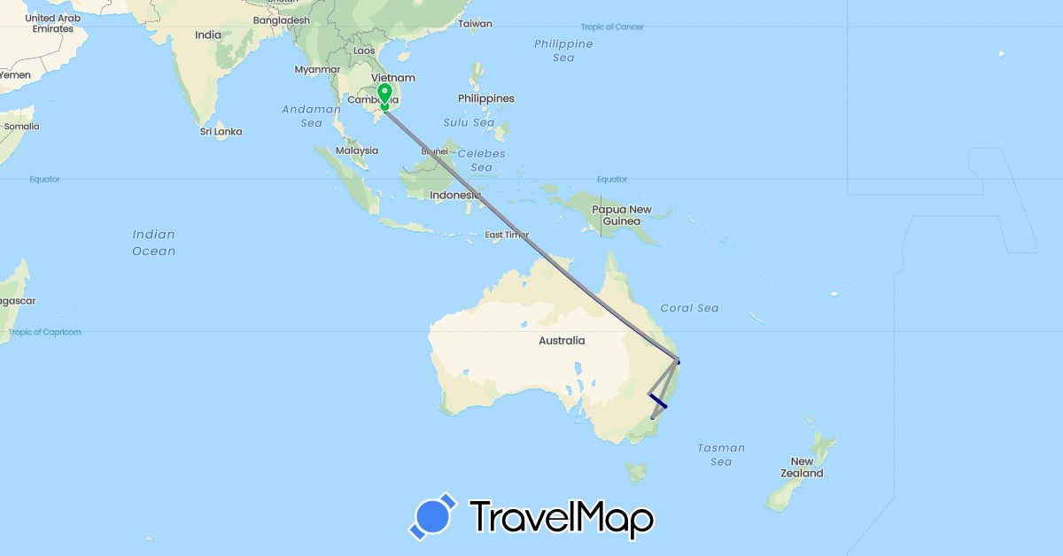 TravelMap itinerary: driving, bus, plane in Australia, Vietnam (Asia, Oceania)